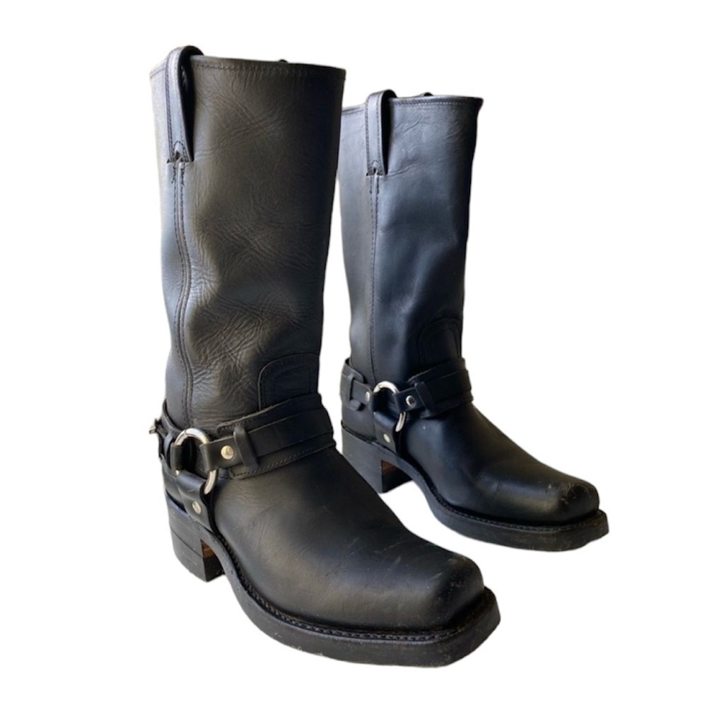 FRYE Black Leather Belted Harness 12R Tall Square Toe Biker Boot Women's